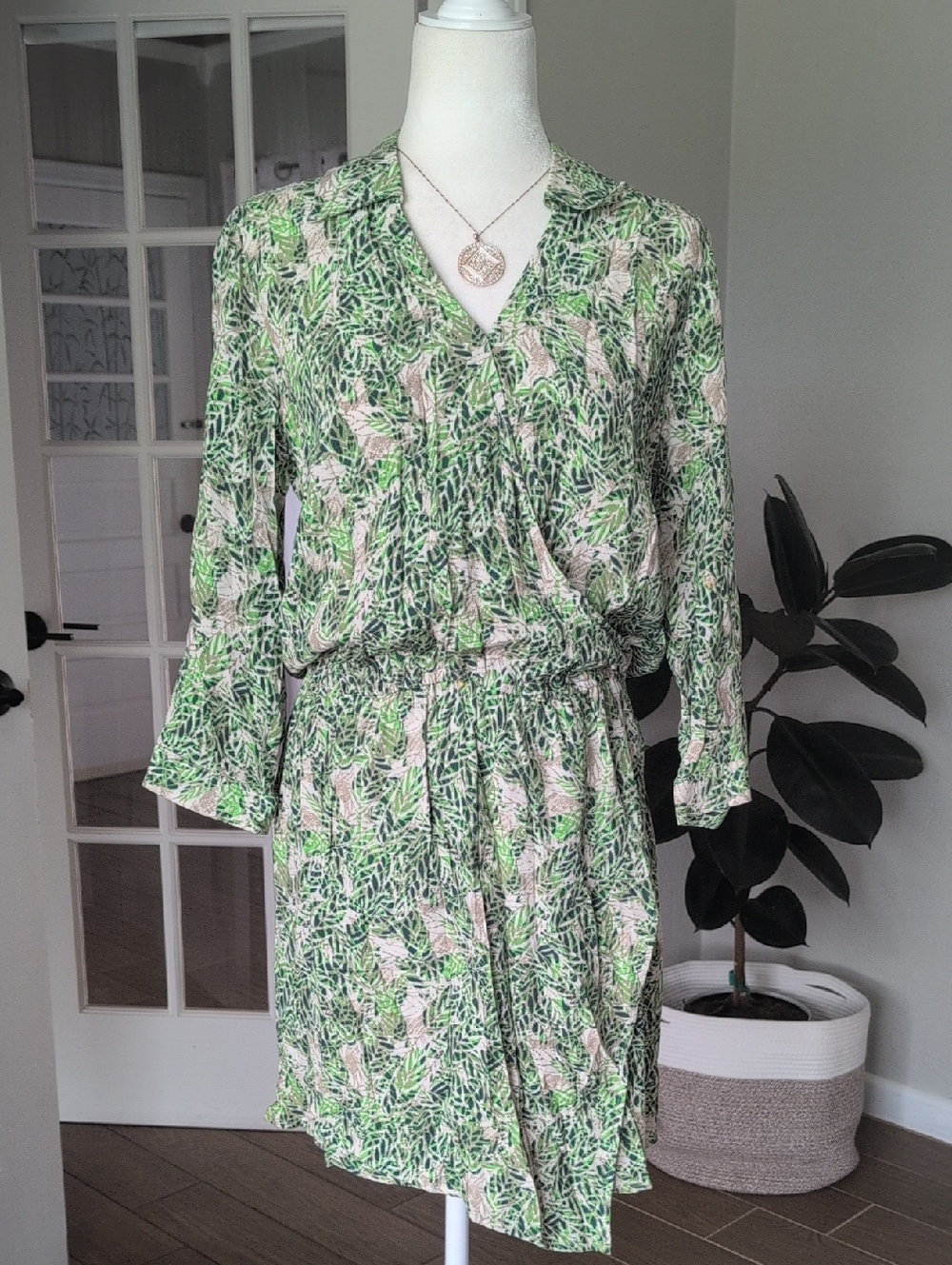 CAbi Green Palm Leaf Faux Wrap Rayon Dress Small
